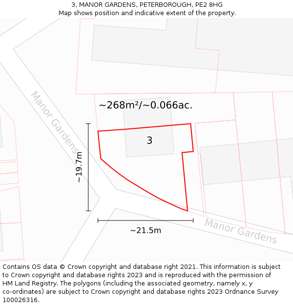 3, MANOR GARDENS, PETERBOROUGH, PE2 8HG: Plot and title map