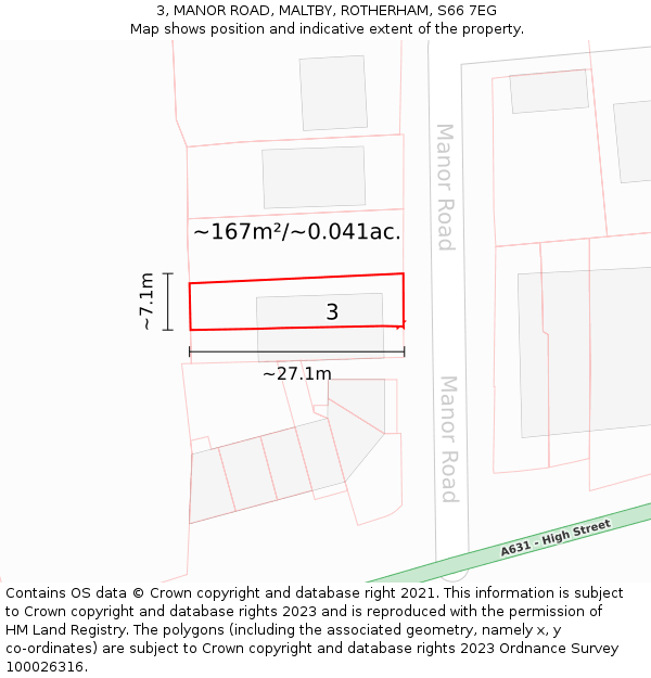 3, MANOR ROAD, MALTBY, ROTHERHAM, S66 7EG: Plot and title map
