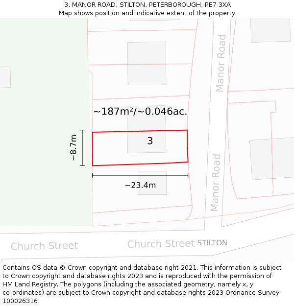 3, MANOR ROAD, STILTON, PETERBOROUGH, PE7 3XA: Plot and title map