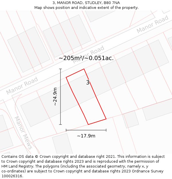 3, MANOR ROAD, STUDLEY, B80 7NA: Plot and title map