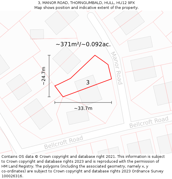 3, MANOR ROAD, THORNGUMBALD, HULL, HU12 9PX: Plot and title map