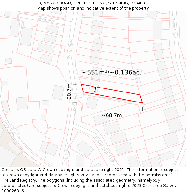 3, MANOR ROAD, UPPER BEEDING, STEYNING, BN44 3TJ: Plot and title map