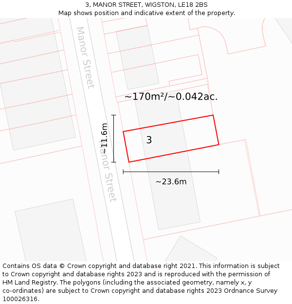 3, MANOR STREET, WIGSTON, LE18 2BS: Plot and title map