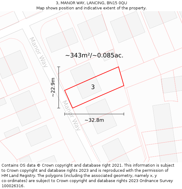 3, MANOR WAY, LANCING, BN15 0QU: Plot and title map