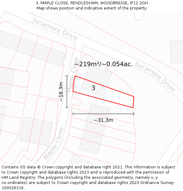 3, MAPLE CLOSE, RENDLESHAM, WOODBRIDGE, IP12 2GH: Plot and title map