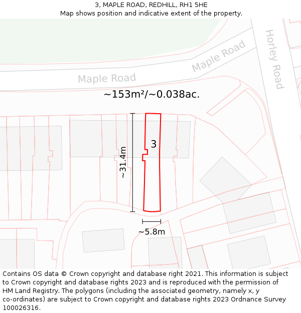 3, MAPLE ROAD, REDHILL, RH1 5HE: Plot and title map