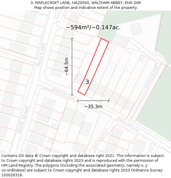 3, MAPLECROFT LANE, NAZEING, WALTHAM ABBEY, EN9 2NR: Plot and title map