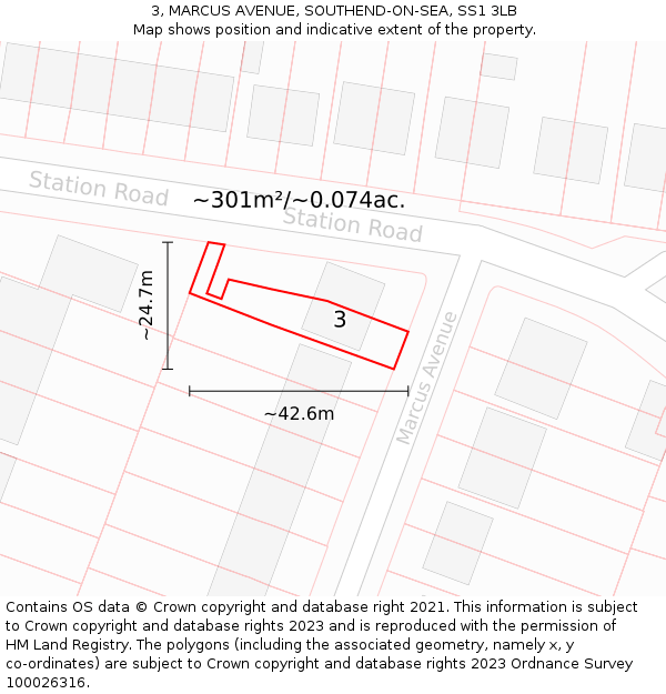 3, MARCUS AVENUE, SOUTHEND-ON-SEA, SS1 3LB: Plot and title map