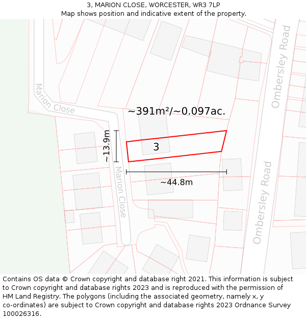 3, MARION CLOSE, WORCESTER, WR3 7LP: Plot and title map