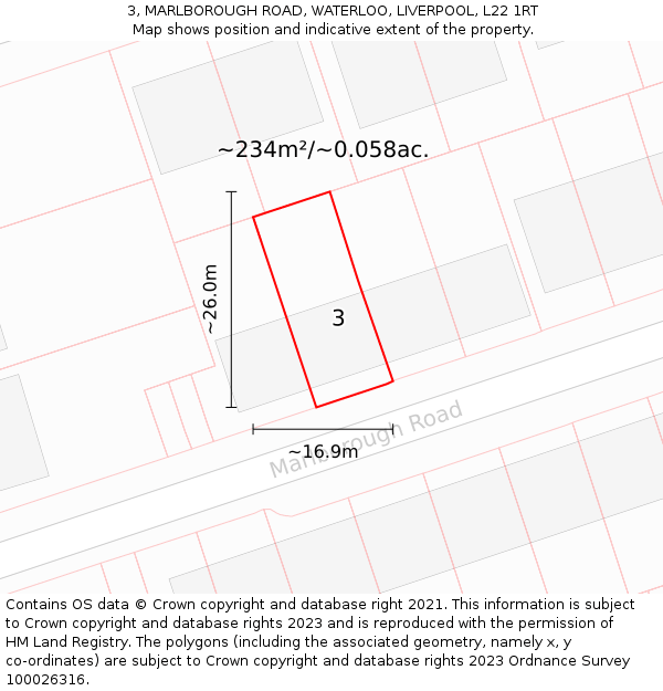 3, MARLBOROUGH ROAD, WATERLOO, LIVERPOOL, L22 1RT: Plot and title map