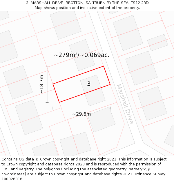 3, MARSHALL DRIVE, BROTTON, SALTBURN-BY-THE-SEA, TS12 2RD: Plot and title map