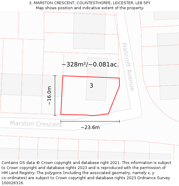 3, MARSTON CRESCENT, COUNTESTHORPE, LEICESTER, LE8 5PY: Plot and title map