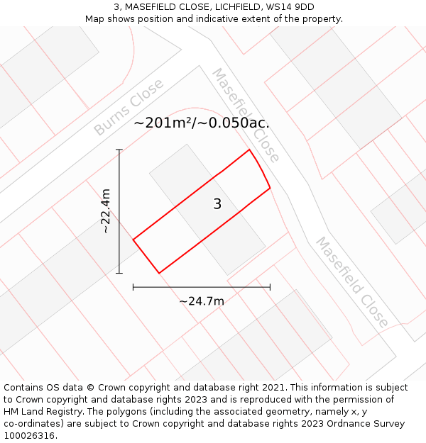 3, MASEFIELD CLOSE, LICHFIELD, WS14 9DD: Plot and title map