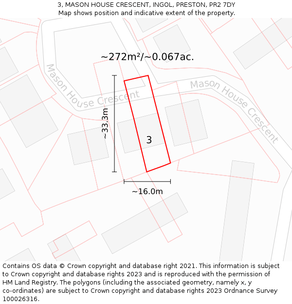 3, MASON HOUSE CRESCENT, INGOL, PRESTON, PR2 7DY: Plot and title map