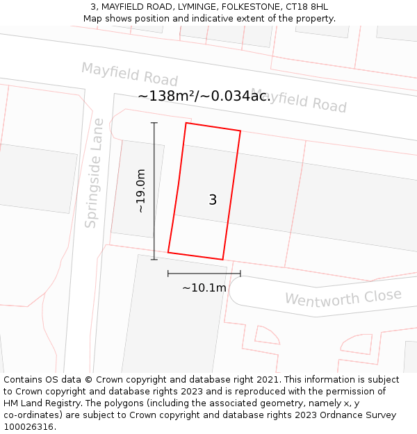 3, MAYFIELD ROAD, LYMINGE, FOLKESTONE, CT18 8HL: Plot and title map