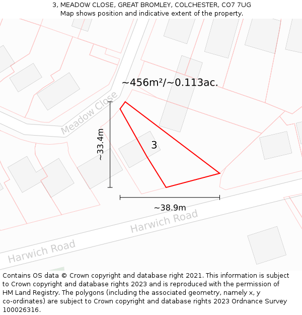 3, MEADOW CLOSE, GREAT BROMLEY, COLCHESTER, CO7 7UG: Plot and title map
