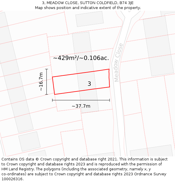 3, MEADOW CLOSE, SUTTON COLDFIELD, B74 3JE: Plot and title map