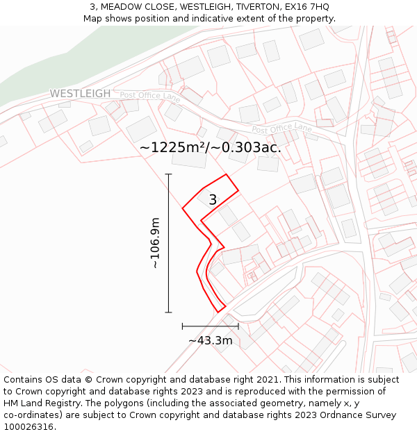3, MEADOW CLOSE, WESTLEIGH, TIVERTON, EX16 7HQ: Plot and title map