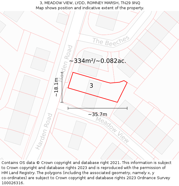 3, MEADOW VIEW, LYDD, ROMNEY MARSH, TN29 9NQ: Plot and title map