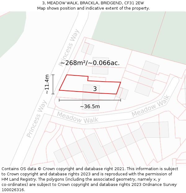 3, MEADOW WALK, BRACKLA, BRIDGEND, CF31 2EW: Plot and title map