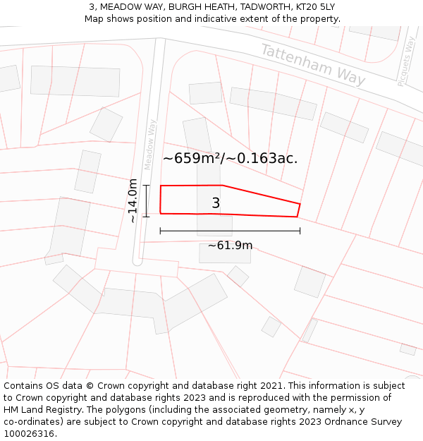 3, MEADOW WAY, BURGH HEATH, TADWORTH, KT20 5LY: Plot and title map