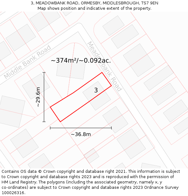 3, MEADOWBANK ROAD, ORMESBY, MIDDLESBROUGH, TS7 9EN: Plot and title map