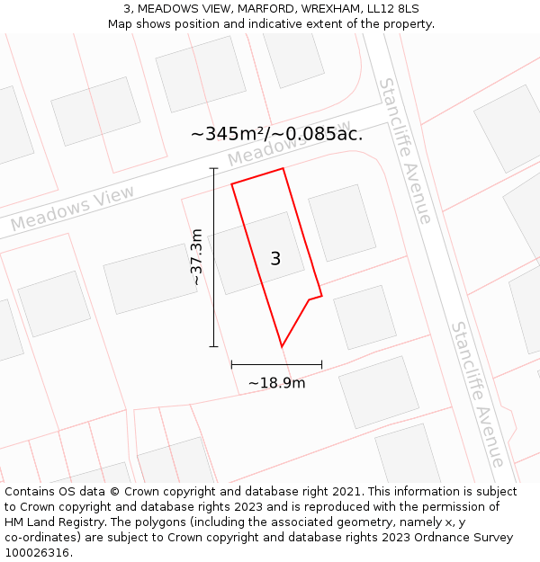 3, MEADOWS VIEW, MARFORD, WREXHAM, LL12 8LS: Plot and title map
