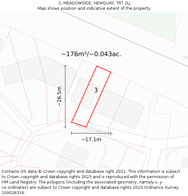 3, MEADOWSIDE, NEWQUAY, TR7 2LJ: Plot and title map
