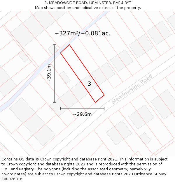 3, MEADOWSIDE ROAD, UPMINSTER, RM14 3YT: Plot and title map
