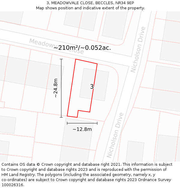 3, MEADOWVALE CLOSE, BECCLES, NR34 9EP: Plot and title map