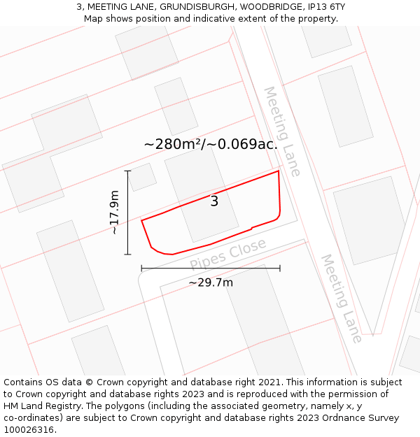 3, MEETING LANE, GRUNDISBURGH, WOODBRIDGE, IP13 6TY: Plot and title map