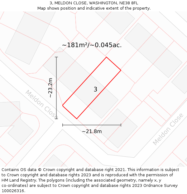 3, MELDON CLOSE, WASHINGTON, NE38 8FL: Plot and title map