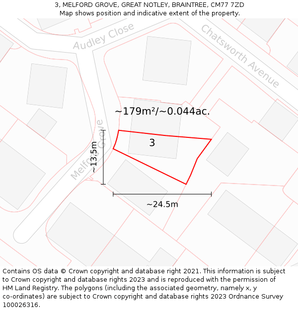 3, MELFORD GROVE, GREAT NOTLEY, BRAINTREE, CM77 7ZD: Plot and title map