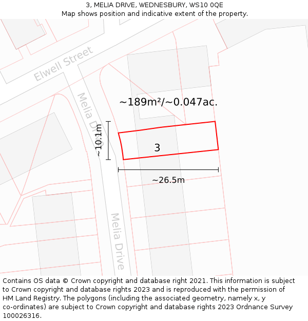 3, MELIA DRIVE, WEDNESBURY, WS10 0QE: Plot and title map