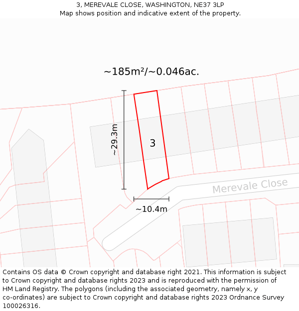 3, MEREVALE CLOSE, WASHINGTON, NE37 3LP: Plot and title map