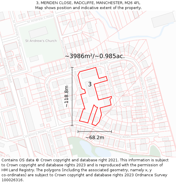 3, MERIDEN CLOSE, RADCLIFFE, MANCHESTER, M26 4FL: Plot and title map
