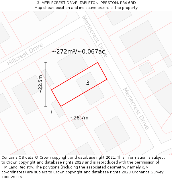 3, MERLECREST DRIVE, TARLETON, PRESTON, PR4 6BD: Plot and title map