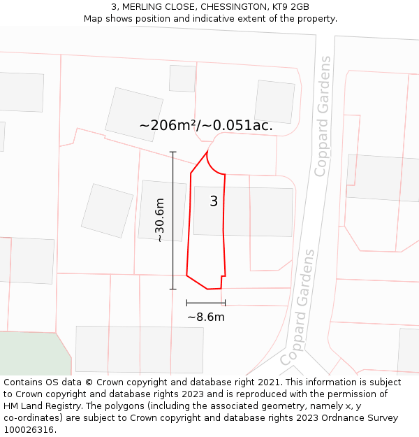 3, MERLING CLOSE, CHESSINGTON, KT9 2GB: Plot and title map