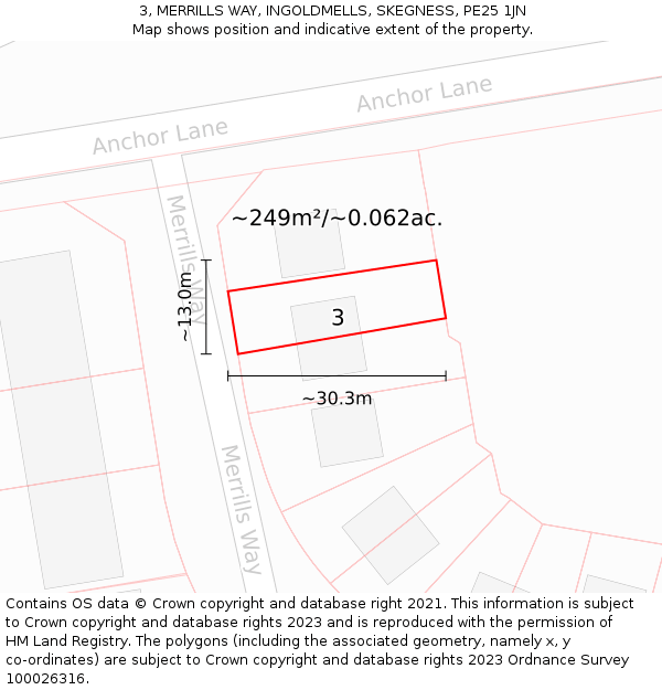 3, MERRILLS WAY, INGOLDMELLS, SKEGNESS, PE25 1JN: Plot and title map