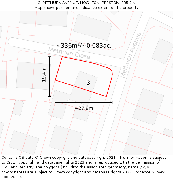 3, METHUEN AVENUE, HOGHTON, PRESTON, PR5 0JN: Plot and title map