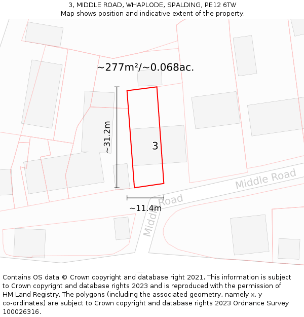 3, MIDDLE ROAD, WHAPLODE, SPALDING, PE12 6TW: Plot and title map