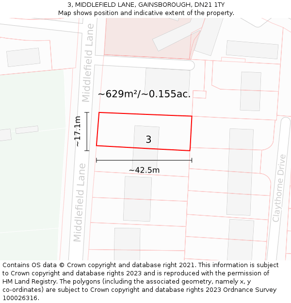 3, MIDDLEFIELD LANE, GAINSBOROUGH, DN21 1TY: Plot and title map