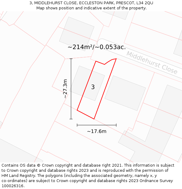 3, MIDDLEHURST CLOSE, ECCLESTON PARK, PRESCOT, L34 2QU: Plot and title map