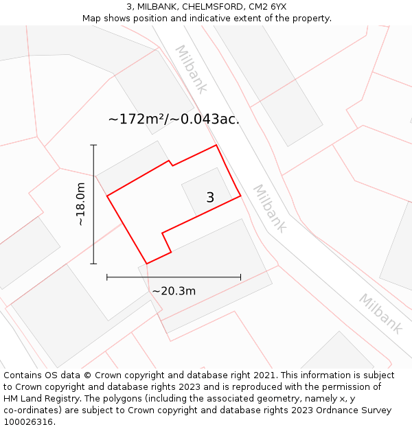 3, MILBANK, CHELMSFORD, CM2 6YX: Plot and title map