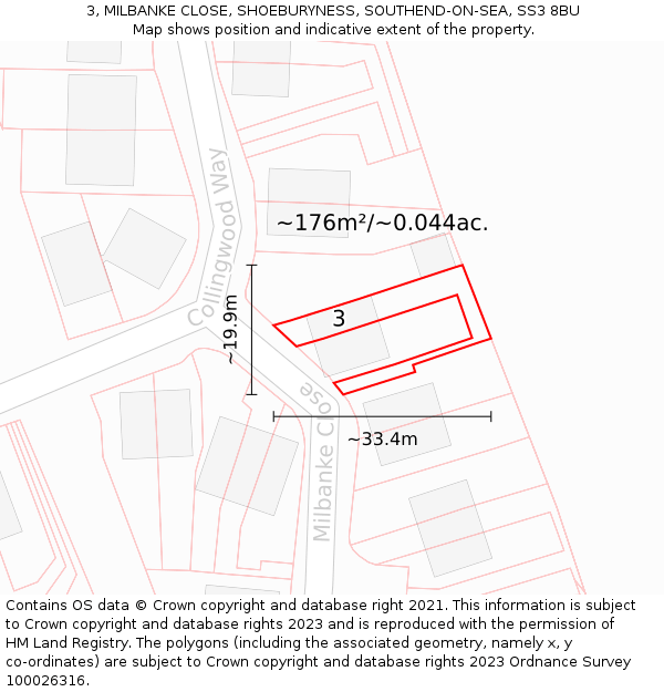 3, MILBANKE CLOSE, SHOEBURYNESS, SOUTHEND-ON-SEA, SS3 8BU: Plot and title map
