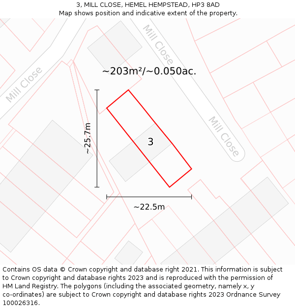 3, MILL CLOSE, HEMEL HEMPSTEAD, HP3 8AD: Plot and title map