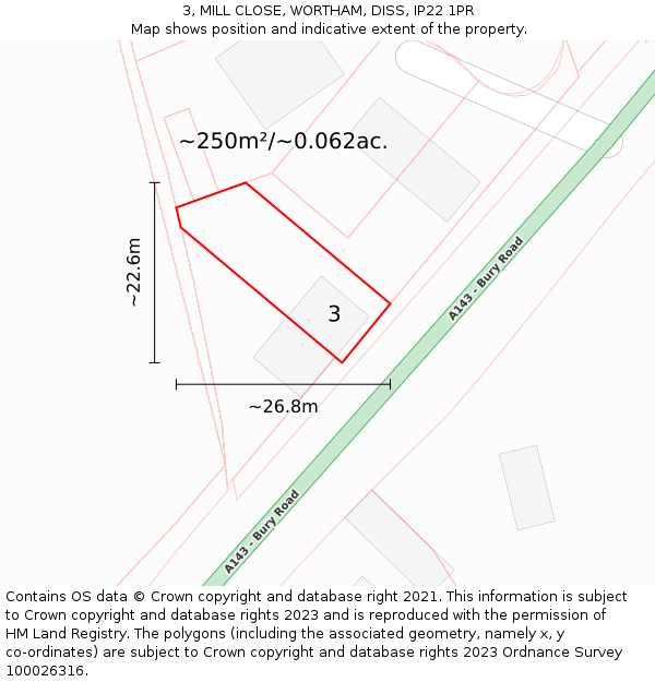 3, MILL CLOSE, WORTHAM, DISS, IP22 1PR: Plot and title map