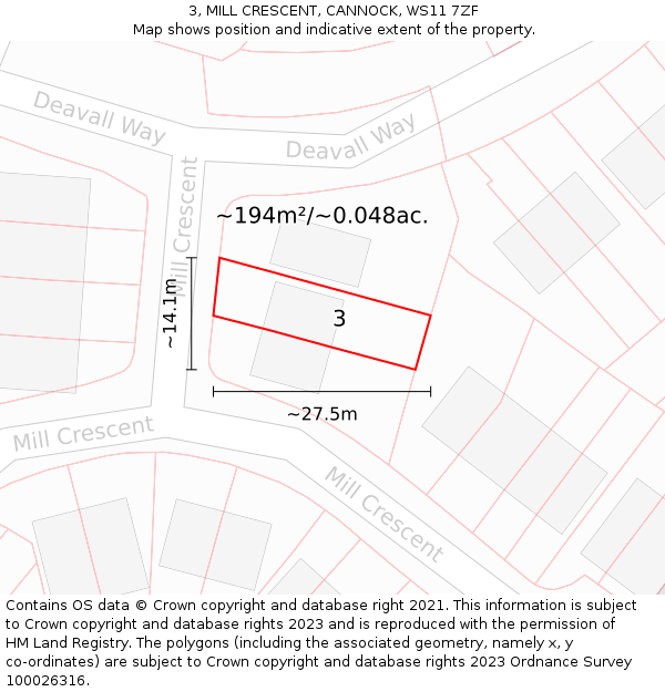 3, MILL CRESCENT, CANNOCK, WS11 7ZF: Plot and title map