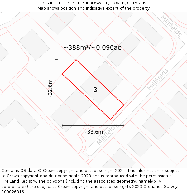 3, MILL FIELDS, SHEPHERDSWELL, DOVER, CT15 7LN: Plot and title map