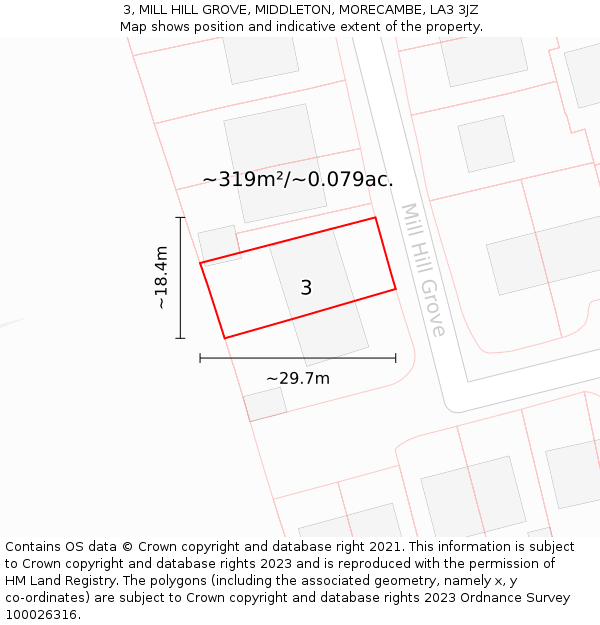 3, MILL HILL GROVE, MIDDLETON, MORECAMBE, LA3 3JZ: Plot and title map